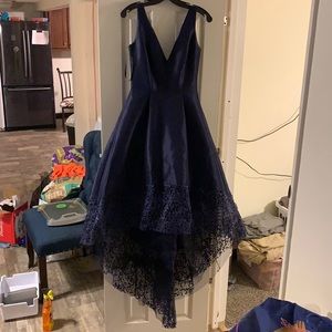 Betsy & Adam Lace Trim High-Low Gown